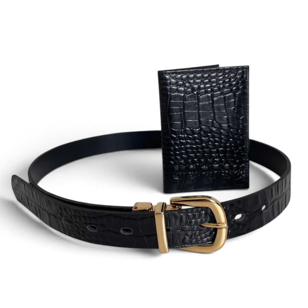 Cinto Couro Preto Croco Reversível e Porta Cartões Feminino