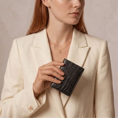 Porta Cartões Feminino Couro Preto Croco Nora Porta Cartões Feminino Couro Preto Croco Nora
