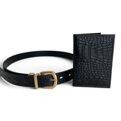 Cinto Couro Preto Croco Reversível e Porta Cartões Feminino