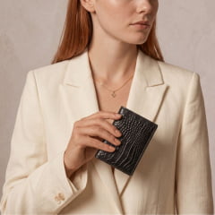 Cinto Couro Preto Croco Reversível e Porta Cartões Feminino