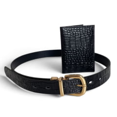Cinto Couro Preto Croco Reversível e Porta Cartões Feminino Cinto Couro Preto Croco Reversível e Porta Cartões Feminino